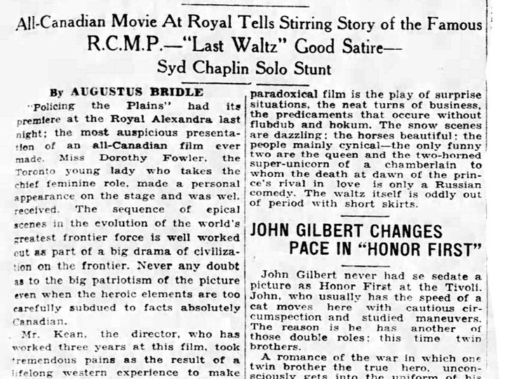 Toronto Star review of A.D. (Cowboy) Kean’s film Policing the Plains in the Dec. 20, 1927, Toronto Star.