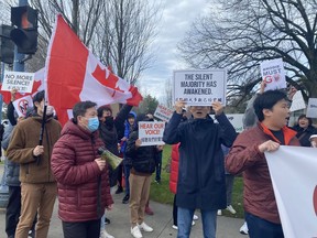 Hundreds of demonstrators rallied in Richmond, B.C. on Monday, Feb. 19, 2024, in opposition to the city's council's vote to explore a supervised consumption site.