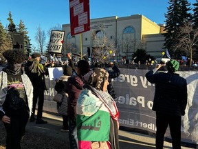 Pro-Palestinian demonstrators protest outside a synagogue in northern Toronto, March 7, 2024.