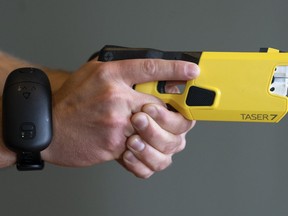 VR equipment and a version of the TASER 7 that utilizes VR technology for training, is demonstrated Thursday, May 12, 2022, in Washington. British Columbia has approved the use of an updated Taser for police around the province.