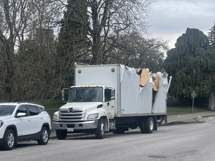  A delivery truck appeared badly damaged after it hit a pedestrian overpass in Stanley Park in Vancouver on March 25, 2024.