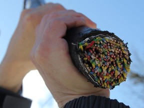 FILE - Bell copper phone and internet lines that were cut near Abbey Dawn Road in Kingston, Ont., on Tuesday, March 12, 2019. In a press release Bell Canada said that since January 2022, 1000 physical security incidents have been reported at Bell facilities with many of them being attributed to copper theft.