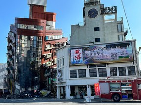 This UGC handout from a user known as Way shows a damaged building in Hualien on April 3, 2024, after a major earthquake hit Taiwan's east.