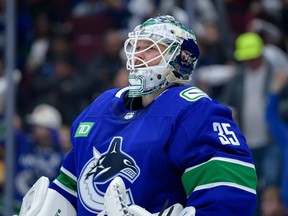 Thatcher Demko of the Vancouver Canucks looks on prior to the start of the third period against the Nashville Predators in Game One of the First Round of the 2024 Stanley Cup Playoffs against the Nashville Predators at Rogers Arena on April 21, 2024 in Vancouver.