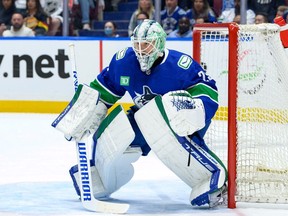 Casey DeSmith of the Canucks looks up the ice during the 1st period in Game 2 of against the Nashville Predators at Rogers Arena on April 23, 2024.