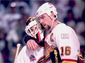 Canucks captain Trevor Linden and Kirk McLean embrace after winning Game 6 of the 1994 Stanley Cup final against the Rangers.