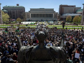 An anti-Israel protest is held at the steps of Lowe Library on the grounds of Columbia University in New York City on April 22, 2024. In response to the protests and anxieties over Jewish student safety, Columbia University President Minouche Shafik announced a temporary shift to online learning.