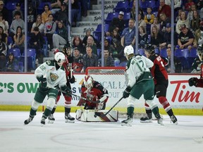 Brett Mirwald makes one of his 53 saves Friday in the Vancouver Giants' 4-1 loss to the Everett Silvertips at the Langley Events Centre. Everett's up 3-1 in the best-of-seven opening round playoff set and can finish Vancouver's season with a win Sunday in Everett.