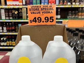 Four-litre capacity jugs of vodka are shown on sale at a south Edmonton liquor store in April 2024.