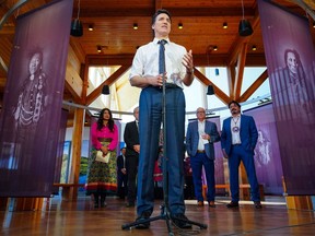 Prime Minister Justin Trudeau speaks at a news conference at Wanuskewin Heritage Park near Saskatoon on Tuesday, April 23, 2024.