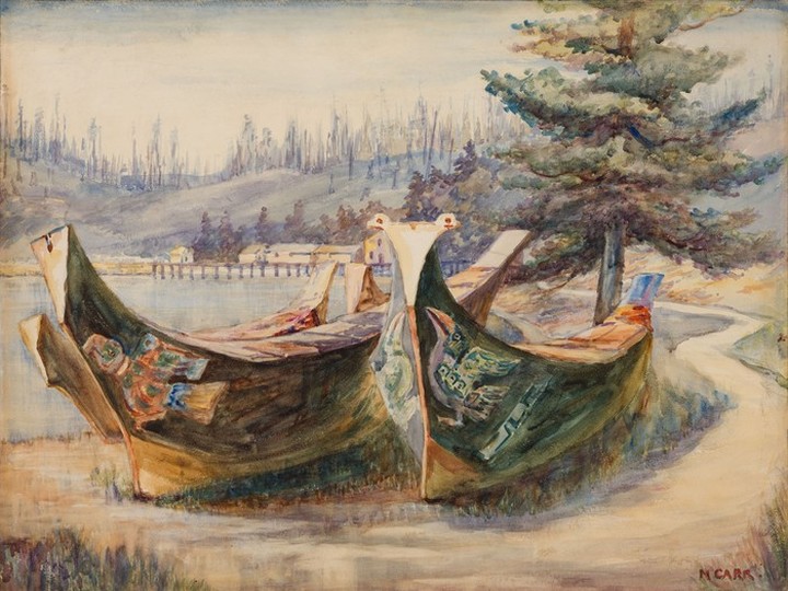 The 1908 Emily Carr watercolour: War Canoes, Alert Bay.