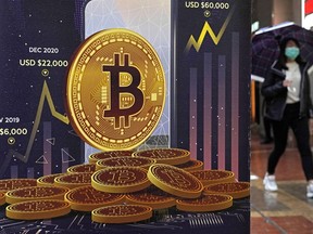 An advertisement for bitcoin cryptocurrency is displayed on a street in Hong Kong on Feb. 17, 2022. British Columbia is proposing legal changes that would allow the government to make permanent regulations related to the electricity used by cryptocurrency miners.