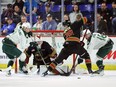 Game 3 between the Vancouver Giants and the Everett Silvertips in front of Vancouver netminder Brett Mirwald. Everett won 3-1 to take a 2-1 lead in the series.