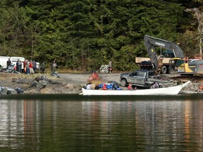 The Ehattesaht First Nation deployed a canoe and other resources to try and rescue the orphaned orca, but were unsuccessful, at a lagoon near Zeballos, B.C., Friday, April 12, 2024.