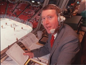 'You’ve got to tell your radio listener what’s going on,' says legendary Canucks play-by-play broadcaster Jim Robson, seen here in a 1989 file photo.