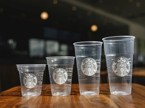 This photo provided by Starbucks shows a new version of the company's cold cup which is said to be made with up to 20% less plastic. The introduction of the cups will be announced on Thursday, April 18, 2024.
