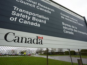 Transportation Safety Board of Canada (TSB) signage is pictured outside TSB offices in Ottawa on Monday, May 1, 2023. The Transportation Safety Board says several factors may have played into the crash of an air taxi in B.C.'s Chilcotin region two years ago, including poor visibility and the pilot's motivation to get to Lorna Lake after cancelling earlier in the day.