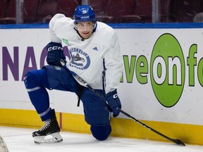 Vancouver Canucks player Dakota Joshua at the team's game-day practice at Rogers Arena on April 23, 2024.