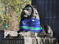 The lions guarding the south end of the Lions Gate Bridge deck are sporting Canucks jerseys.