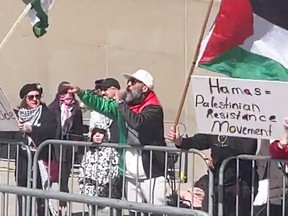 Anti-Israel protesters outside Toronto's city hall on Saturday, April 6, 2024.
