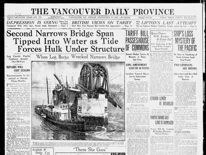  Front page of the Sept. 19, 1930, Vancouver Province featuring a story on the ship Pacific Gatherer crashing into the Second Narrows Bridge.