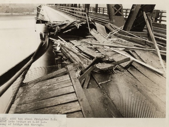  Damage from when the 6,000-ton steel freighter SS Eurana crashed into the eastern driveway of the Second Narrows Bridge on March 10, 1927. Vancouver Archives AM1376-F35-: CVA 709-262