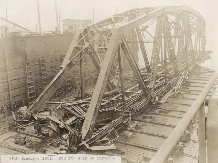  A 300-foot span from the Second Narrows Bridge in dry dock, Jan. 11, 1931. The span had been damaged on the first Second Narrows Bridge when it was hit by the hulk of the old ship the Pacific Gatherer in September 1930. J. Wardlaw Vancouver Archives AM1376-F35-: CVA 709-318