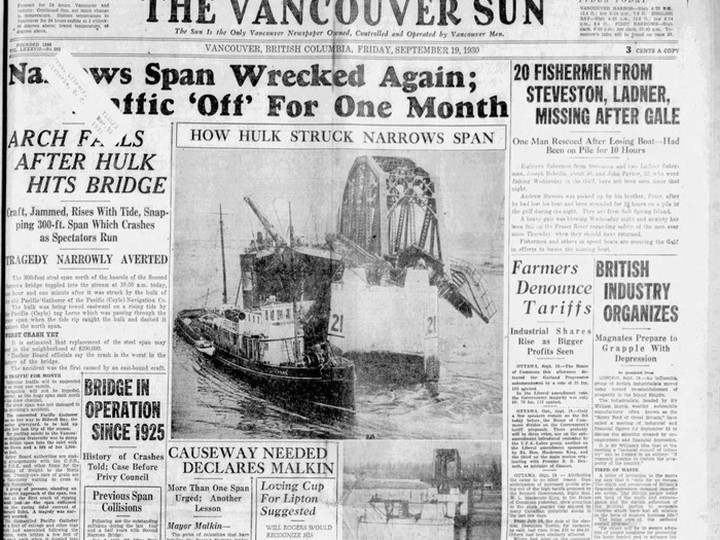  Front page of the Sept. 19, 1930, Vancouver Sun featuring a story on a hulk ship crashing into the Second Narrows Bridge. This isn’t the current bridge, it was an earlier one.