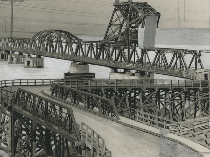  Leonard Frank photograph of the first Second Narrows Bridge, circa 1925 to 1930. The bridge was opened on Nov. 7, 1925, and was closed and redesigned after a ship hit it in 1930. This print has been heavily doctored to make it print better in The Province, which ran it.