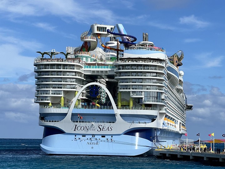  Icon of the Seas berthed at the pier of Royal Caribbean’s private island.