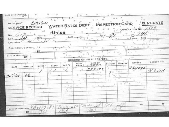  Vancouver Water Works service record for 617 Union, which was called Barnard Street when the property was hooked up to the city water supply on April 29, 1892.