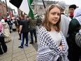 Swedish climate activist Greta Thunberg (C) attends a rally in Malmo, Sweden, in protest against Israel's participation in the 68th edition of the Eurovision Song Contest (ESC) on May 9, 2024.
