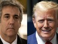 This combination of pictures created on May 13, 2024 shows former Trump Attorney Michael Cohen on March 15, 2023 in New York and former US President Donald Trump in New York City, on May 10, 2024.