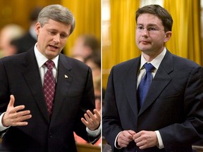 Prime Minister Stephen Harper, left, responds to a question in the House of Commons on June 12, 2008 regarding Conservative MP Pierre Poilievre's residential school comments during a radio interview. On the right, Poilievre during his “genuine and heartfelt” apology the same day.