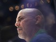 Canucks head coach Rick Tocchet watches a team practice ahead of Game 1 against the Edmonton Oilers last week.