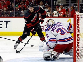 Martin Necas (88) shoots against New York Rangers goaltender Igor Shesterkin (31) during Game 6 of the second round against the Rangers earlier this month.