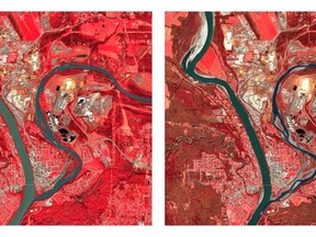 The side-by-side images, displayed in infrared, taken by the European Space Agency's Sentinel-2 satellite, show the Quesnel River at its mouth with the Fraser River in Quesnel, British Columbia, in May 2023, a the left, compared to May 2024.THE CANADIAN PRESS/HO, European Union, Canadian Space Agency *MANDATORY CREDIT*