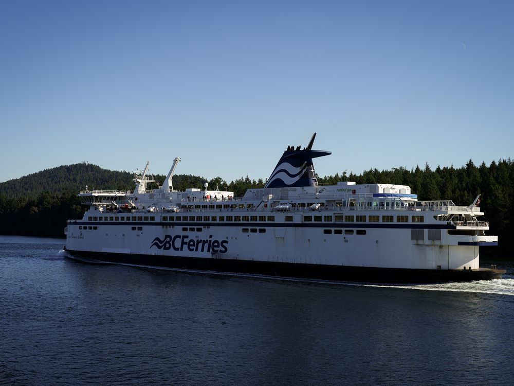The BC Ferries vessel Spirit of Vancouver Island passes between Mayne Island and Galiano Island while travelling from Swartz Bay to Tsawwassen, B.C., Wednesday, Sept. 20, 2023.