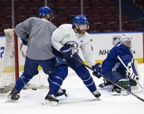 Canucks Sam Lafferty and Ian Cole at team practice at Rogers Arena May 7, 2024. The Cnaucks face the Oilers in Game 1 Wednesday.