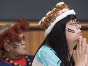 Chief Marilyn Slett pauses for a moment during a news conference in Vancouver, Wednesday, Oct. 10, 2018. Slett, an Indigenous leader in British Columbia, says little has changed since the crimes of serial killer Robert Pickton, as community members reflect on news that he is in life-threatening condition after being attacked in prison.