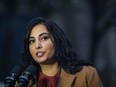British Columbia has launched a new helpline for people who witness or experience a racist incident, with support available in more than 240 languages. B.C. Attorney General Niki Sharma responds to questions outside B.C. Supreme Court in Vancouver on Monday Nov. 27, 2023.