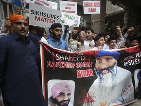 Members of Sikh community hold a protest against the killing of Hardeep Singh Nijjar, in Peshawar, Pakistan, Wednesday, Sept. 20, 2023. Four Indian nationals accused in the murder of British Columbia Sikh activist Hardeep Singh Nijjar will all appear in court today.