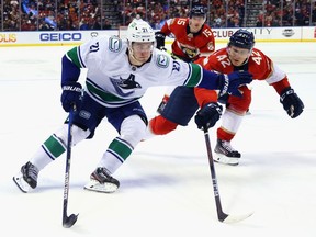 Former Canucks draft pick Gustav Forsling is being lauded for his complete game with the Panthers, including denying Nils Hoglander on this rush attempt.