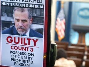 A television monitor shows the verdict in the Hunter Biden trial in the Brady Press Briefing Room of the White House in Washington, DC, June 11, 2024. A jury found Hunter Biden guilty on June 11 on federal gun charges in a historic first criminal prosecution of the child of a sitting US president. The 54-year-old son of President Joe Biden was convicted on all three of the federal charges facing him, CNN and other U.S. media reported.