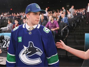 Riley Patterson is selected by the Vancouver Canucks with the 125th overall pick during the 2024 Upper Deck NHL Draft at Sphere on June 29, 2024 in Las Vegas, Nevada.