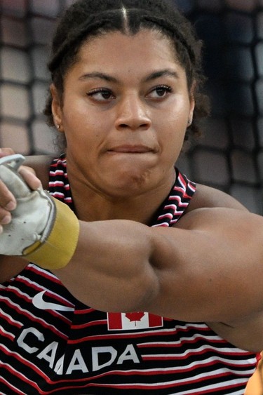Canada's Camryn Rogers competes in the women's hammer throw during the World Athletics Championships in Budapest on August 23, 2023.