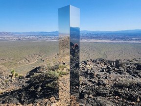 In this June 17, 2024, photo courtesy of the Las Vegas Police Department, shows a monolith installation near Gass Peak north of Las Vegas, Nev.