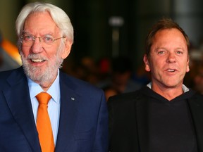 Donald Sutherland with his son Kiefer Sutherland on the red carpet for movie "Forsaken" during the 2015 Toronto International Film Festival in Toronto on Wednesday Sept. 16, 2015.
