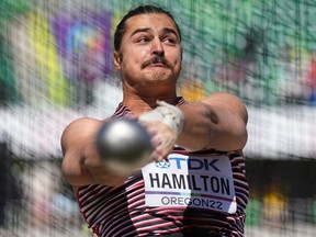 Rowan Hamilton, of Canada, competes in the hammer throw at the World Athletics Championships Friday, July 15, 2022, in Eugene, Ore.