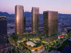 Artist's rendering of a proposal for a three-tower rezoning at 455-465 Great Northern Way and 1850 Thornton Street in Vancouver. Courtesy Perkins and Will, PCI Developments and Low-Tide Properties.